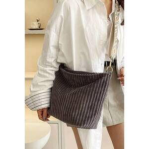 NEW 42POPS corduroy slouchy tote bag with guitar shoulder strap in grey